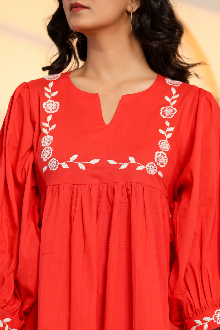 Poppy Red Cotton Embroidered Midi Dress