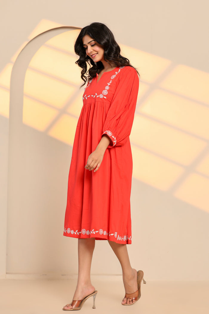 Poppy Red Cotton Embroidered Midi Dress