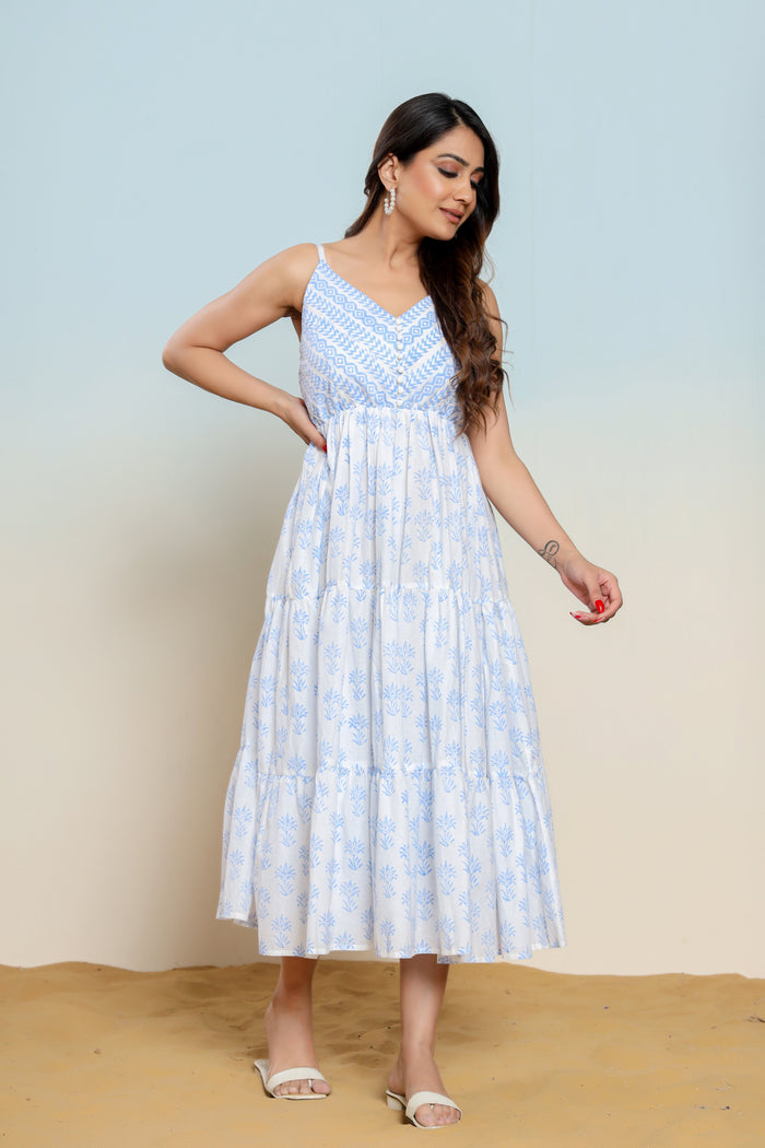 Powder Blue and White Printed Cotton Maxi Dress