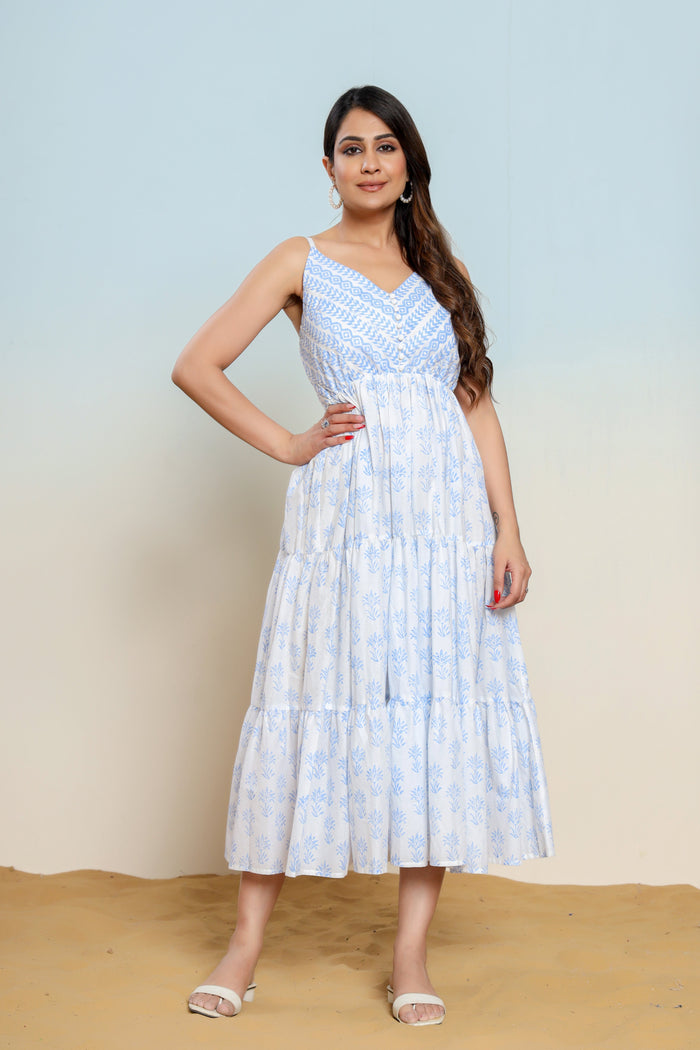 Powder Blue and White Printed Cotton Maxi Dress