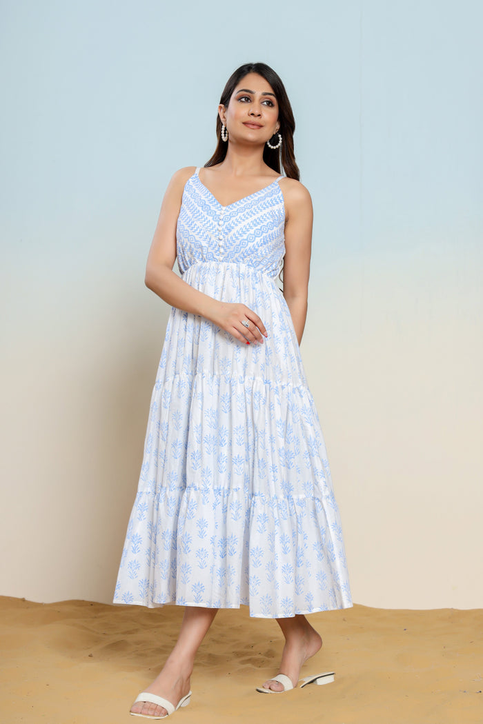 Powder Blue and White Printed Cotton Maxi Dress
