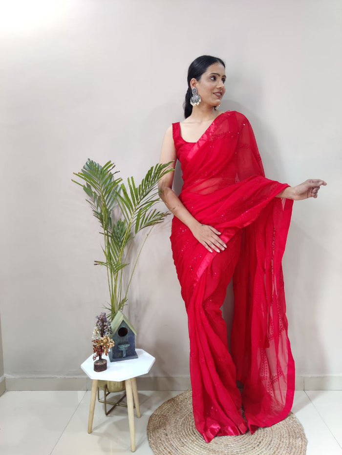 Premium Georgette Embellished with beautiful Embroidery And sequins work Saree Red Color - qivii