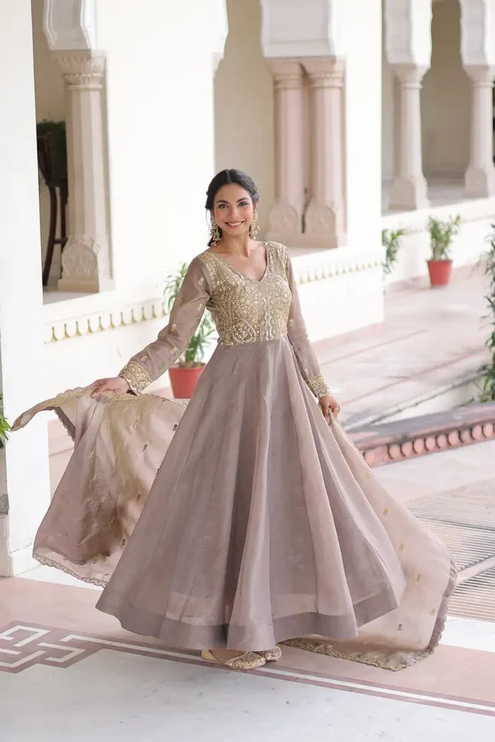 Premium Gold Crush Designer Gown Set in Coffee