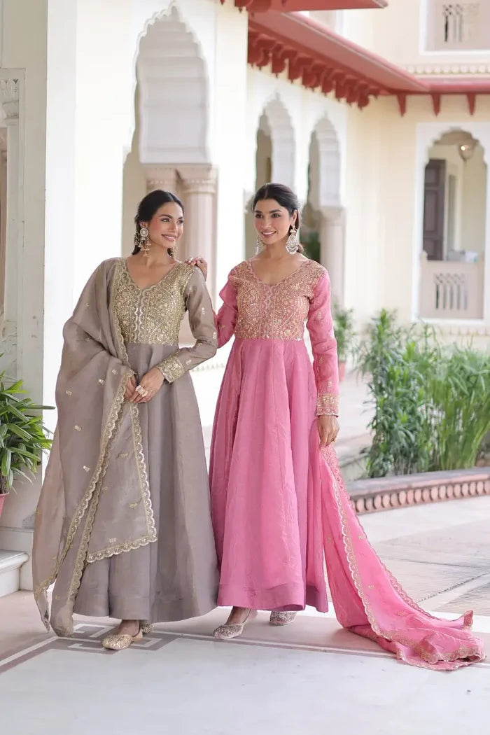 Premium Gold Crush Designer Gown Set in Coffee