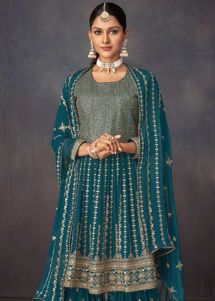 Prussian Blue Embroidered Georgette Plazzo Suit - qivii