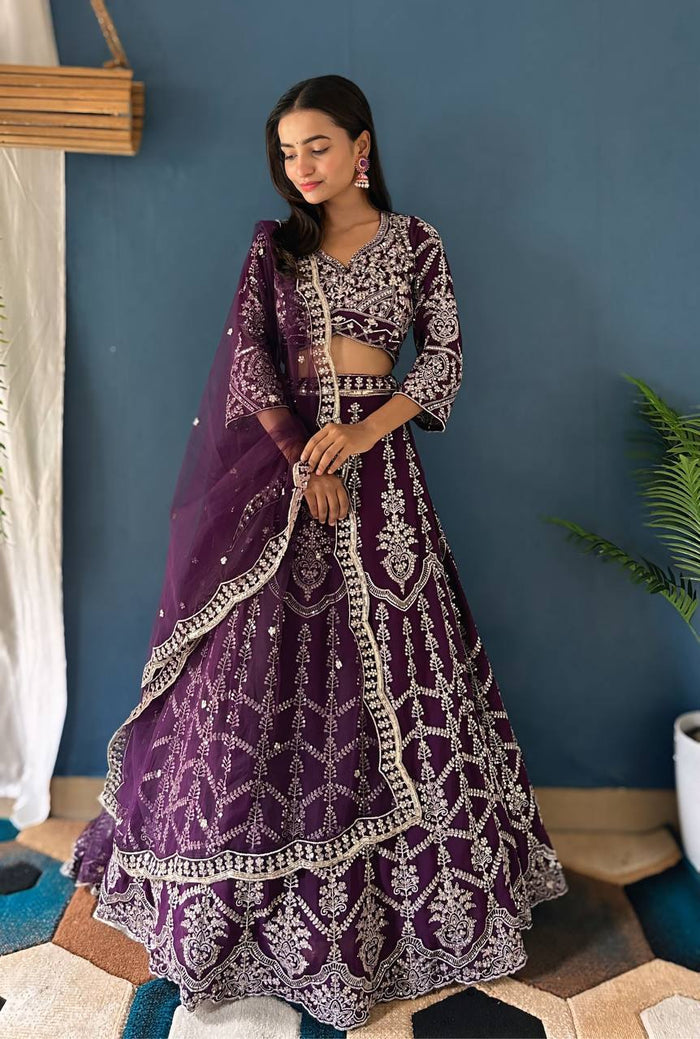 PURPLE FAUX GEORGEET WITH EMBROIDERY SEQUENCE DESIGN WORK LEHENGA - INSPIRED | Ready To Wear - qivii