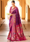 Purple & Pink Paithani Printed Silk Saree - qivii