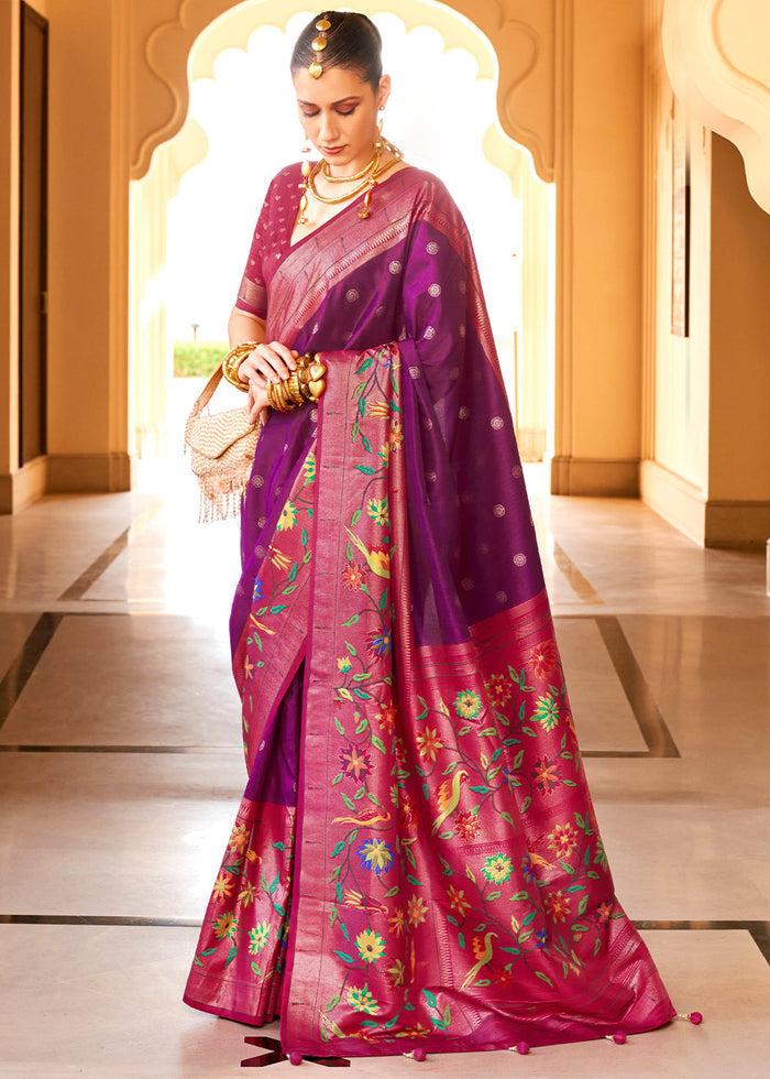 Purple & Pink Paithani Printed Silk Saree - qivii