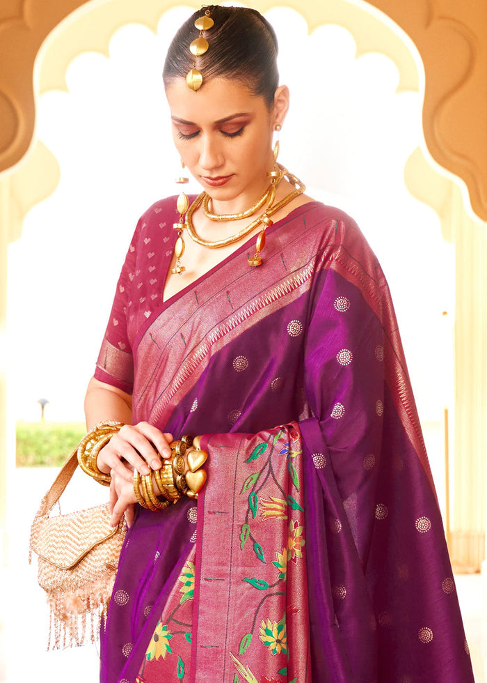 Purple & Pink Paithani Printed Silk Saree - qivii