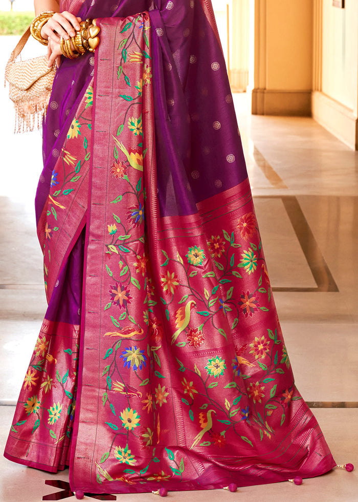 Purple & Pink Paithani Printed Silk Saree - qivii