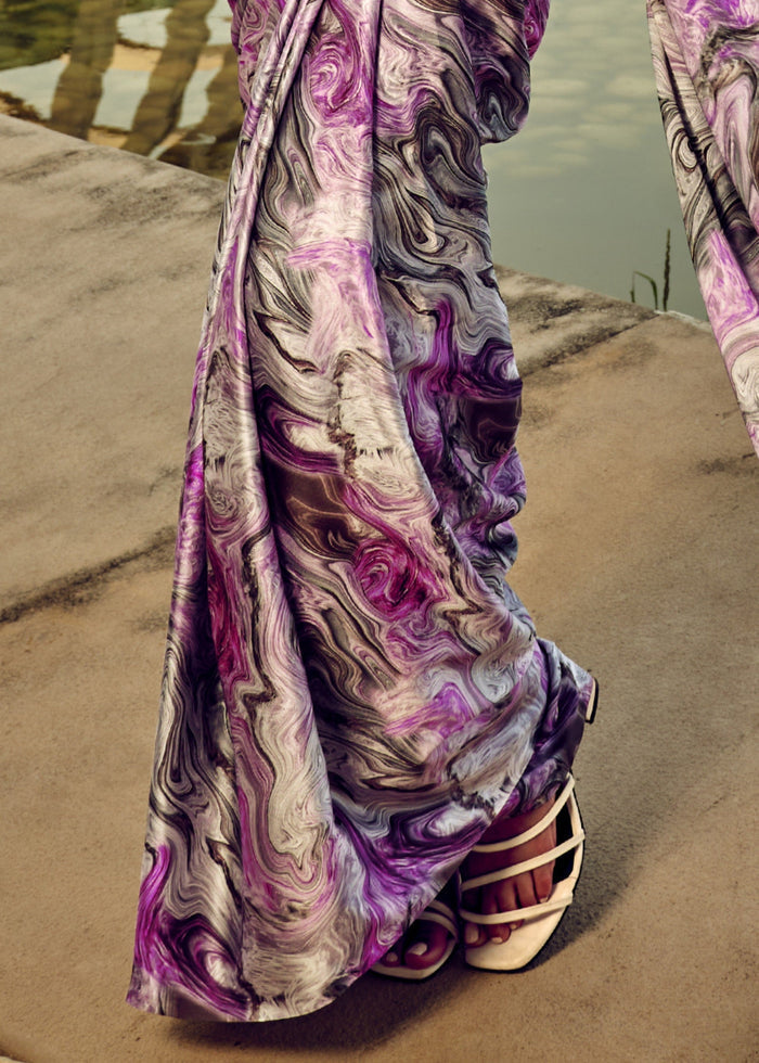 Purple Satin Digital Printed Saree - qivii
