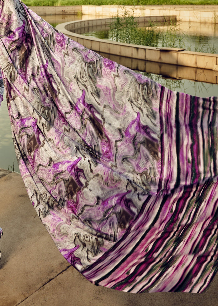 Purple Satin Digital Printed Saree - qivii