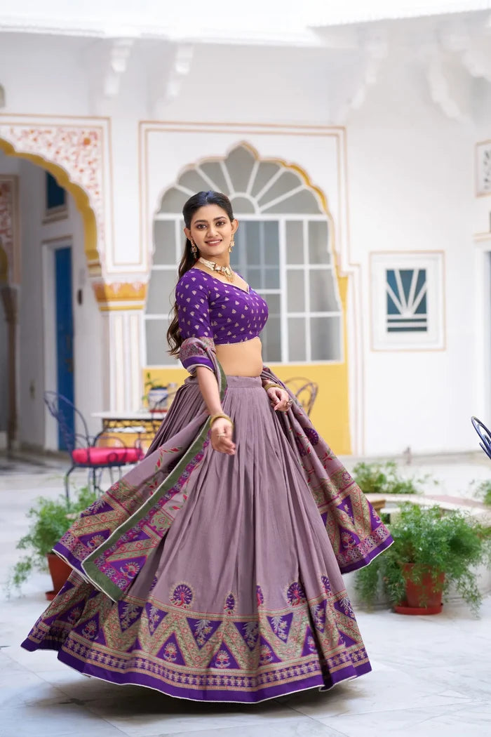 Purple Tasar Silk Printed Lehenga Choli