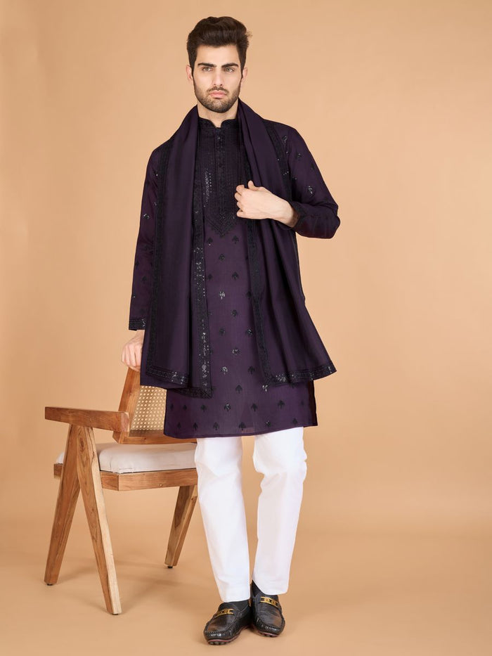 PURPLE VISCOSE SILK THREAD, SEQUENCE EMBROIDERED WORK KURTA SET - qivii