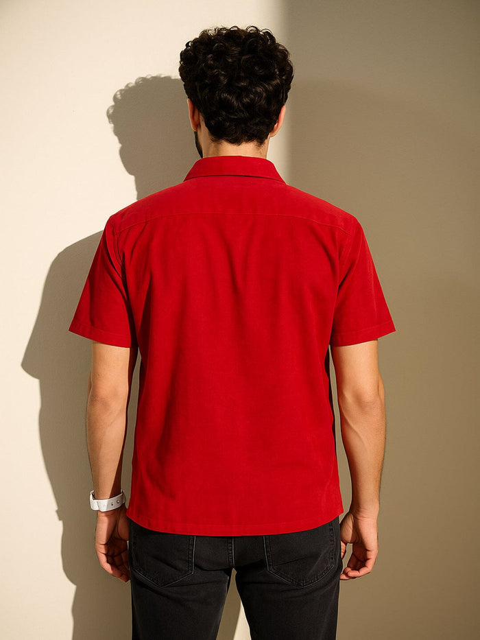 Red Corduroy Horse Embroidery Shirt