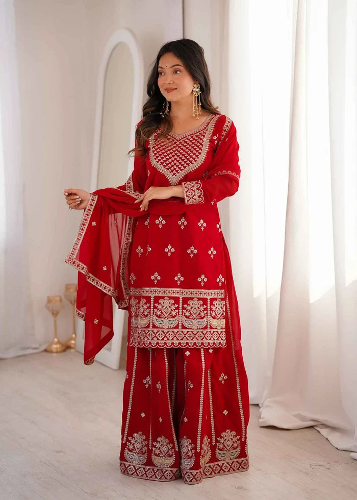 Red Embroidered Georgette Sharara Set
