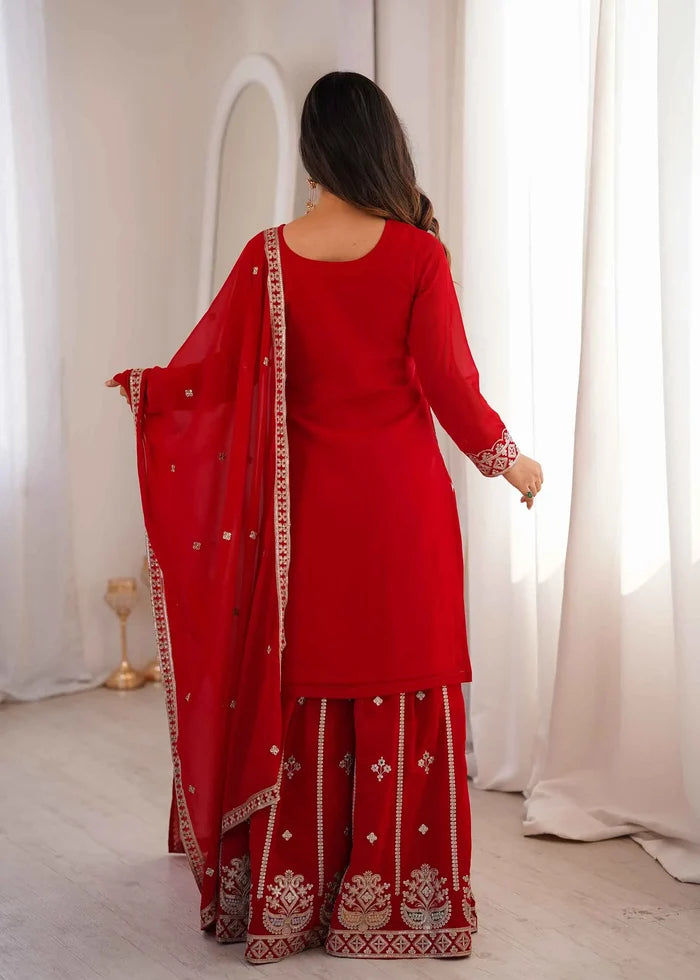 Red Embroidered Georgette Sharara Set