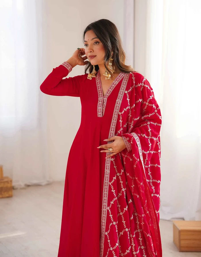 Red Silk Embroidery Work Gown