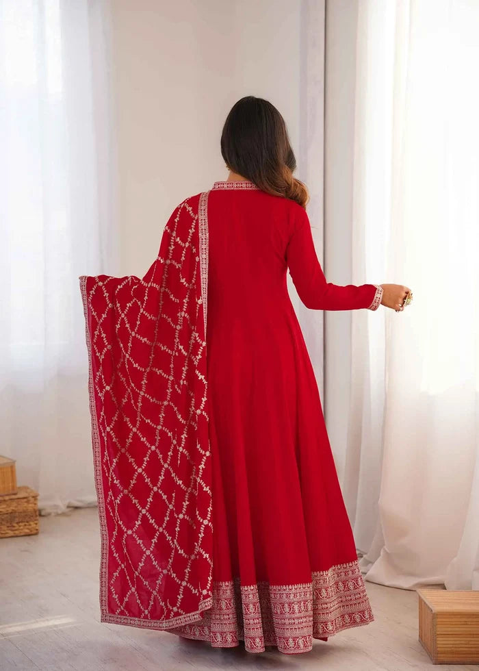 Red Silk Embroidery Work Gown
