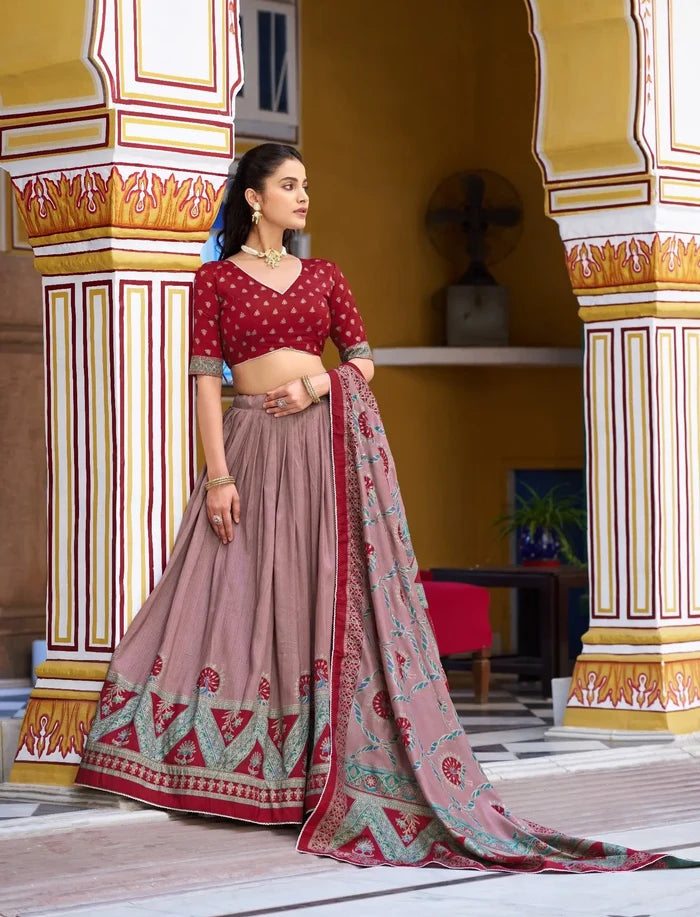 Red Tasar Silk Printed Lehenga Choli