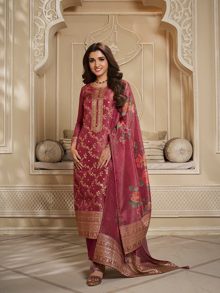 Red Tissue Jacquard Kurta Suit Set with Jaal Pattern and Handcrafted Buttons
