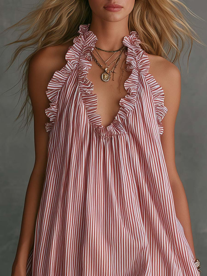 Retro Casual Fashion Ruffled V-Neck Striped Mini Dress  - By Qivii