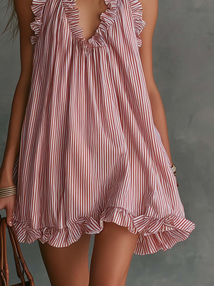 Retro Casual Fashion Ruffled V-Neck Striped Mini Dress  - By Qivii