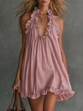 Retro Casual Fashion Ruffled V-Neck Striped Mini Dress  - By Qivii