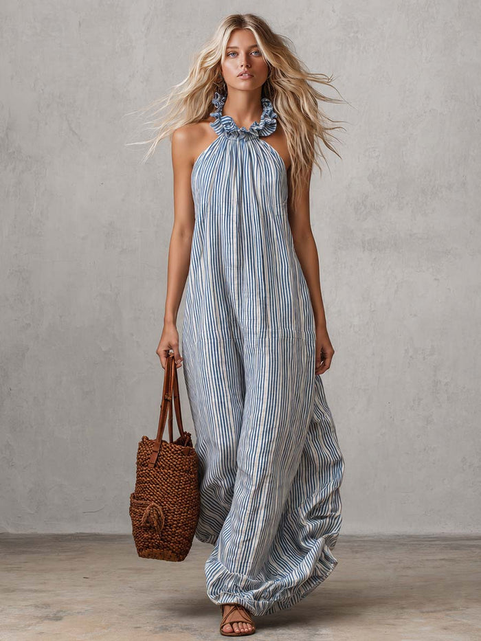Retro Casual Vacation Halter Neck With Ruffle Detail Light Blue Striped Maxi Dress  - By Qivii