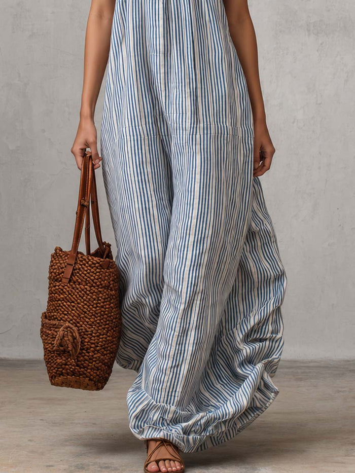 Retro Casual Vacation Halter Neck With Ruffle Detail Light Blue Striped Maxi Dress  - By Qivii