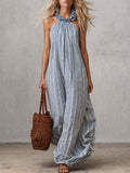 Retro Casual Vacation Halter Neck With Ruffle Detail Light Blue Striped Maxi Dress  - By Qivii