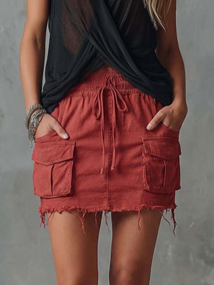 Retro Casual Workwear Style Red Cotton Short Skirt  - By Qivii