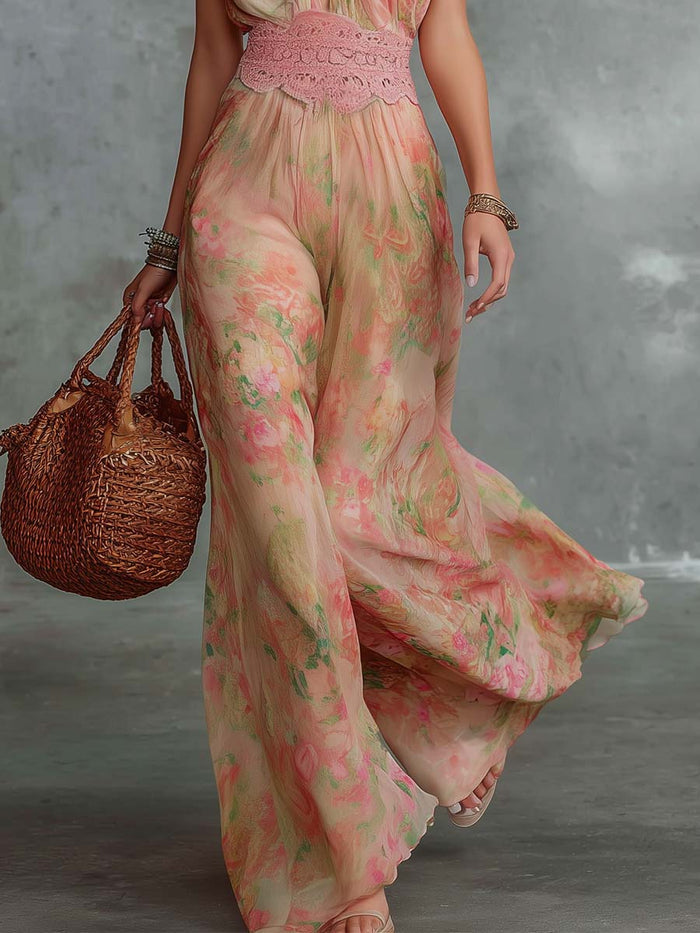 Retro Flowy V-Neck Oil-Painting Floral Print Chiffon Jumpsuit  - By Qivii