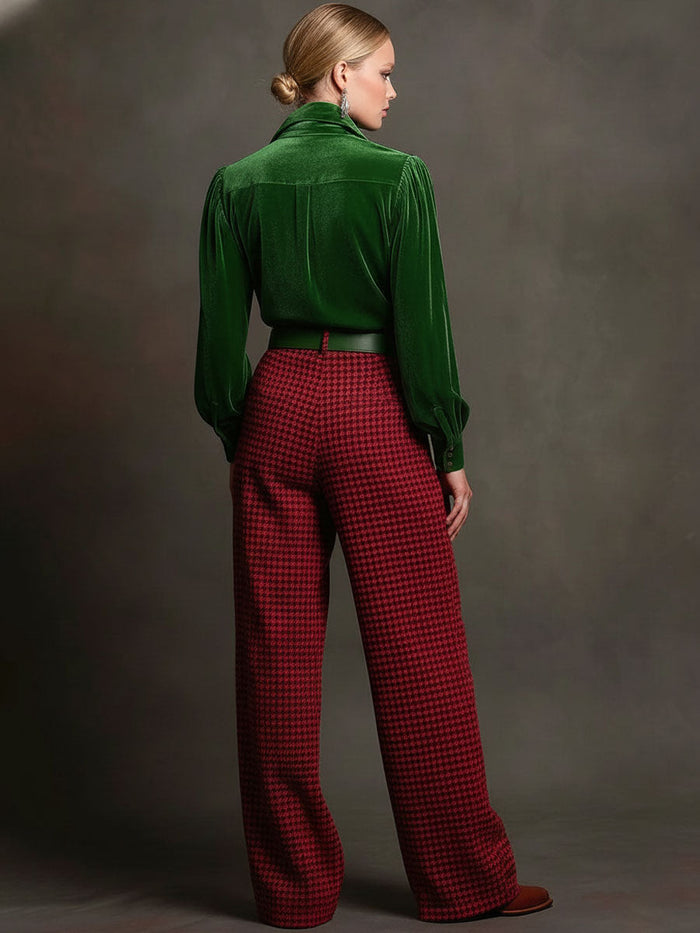 Retro Green Velvet Pleated Long-sleeved Shirt And Houndstooth Wide-leg Pants Set  - By Qivii