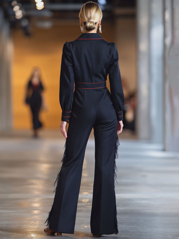 Retro Red Topstitched Navy Denim Long Sleeve Flared Tassel Jumpsuit  - By Qivii