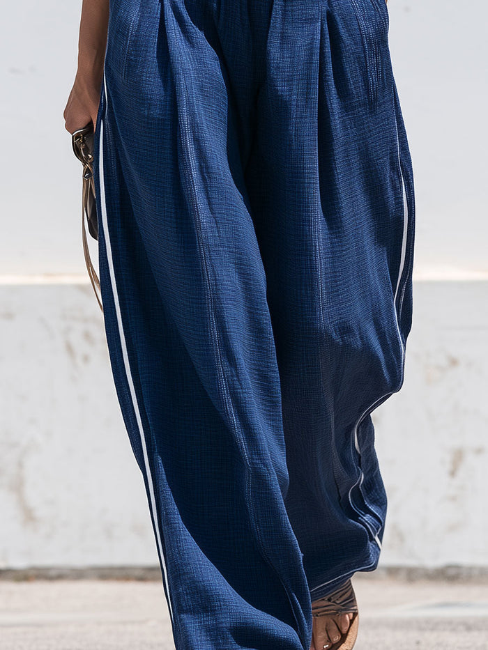 Retro-style Casual Color-blocked Blue Cotton Linen Vest And Pants Set  - By Qivii