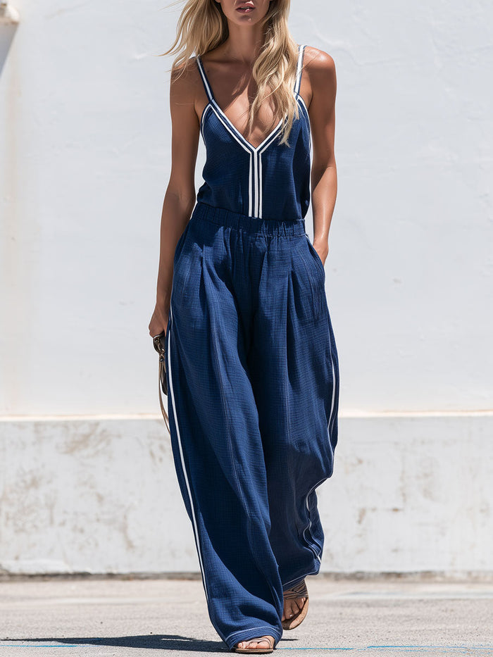 Retro-style Casual Color-blocked Blue Cotton Linen Vest And Pants Set  - By Qivii