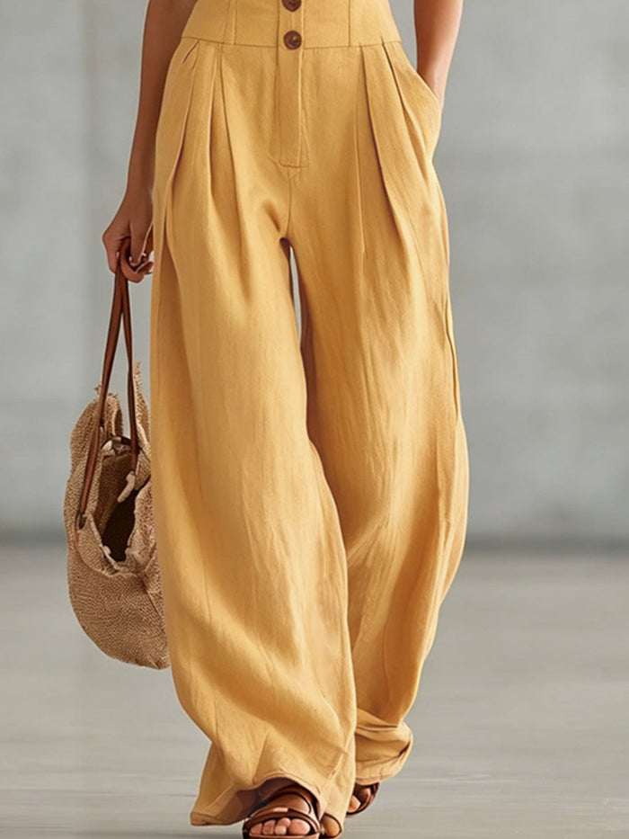Retro-style Wide-strap Single-breasted Cotton-linen Sleeveless Jumpsuit  - By Qivii