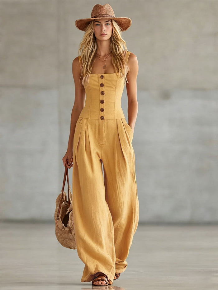 Retro-style Wide-strap Single-breasted Cotton-linen Sleeveless Jumpsuit  - By Qivii