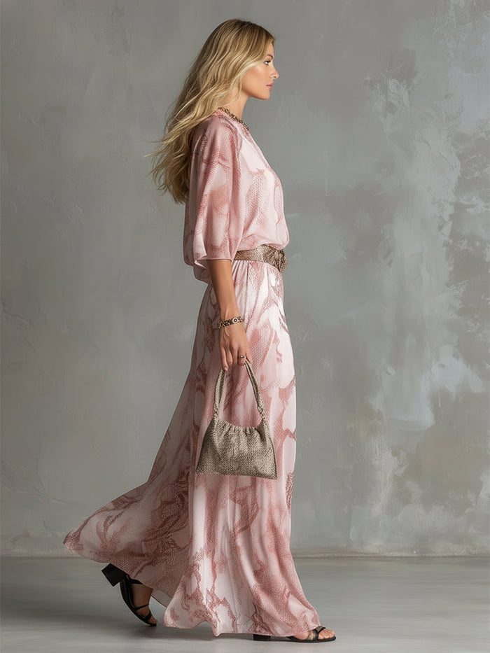 Retro Urban Style Pink Snake Print One-shoulder T-shirt And Wide-leg Pants Set  - By Qivii