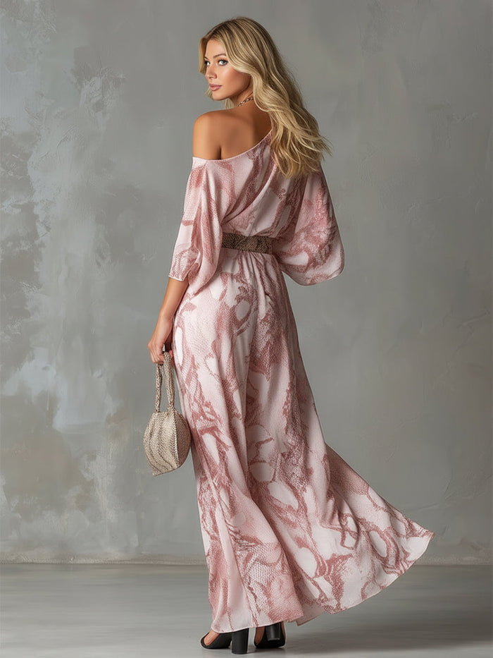 Retro Urban Style Pink Snake Print One-shoulder T-shirt And Wide-leg Pants Set  - By Qivii