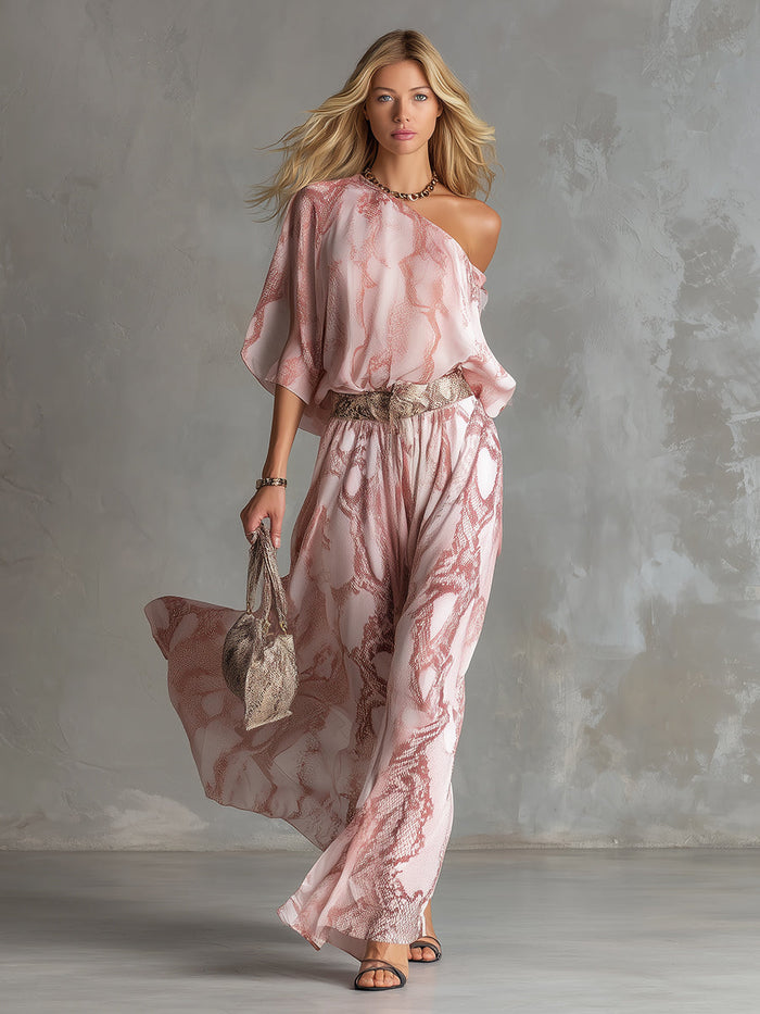Retro Urban Style Pink Snake Print One-shoulder T-shirt And Wide-leg Pants Set  - By Qivii
