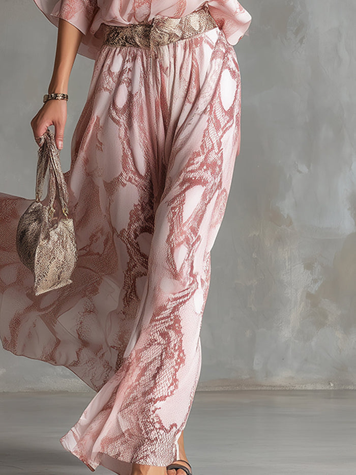 Retro Urban Style Pink Snake Print One-shoulder T-shirt And Wide-leg Pants Set  - By Qivii