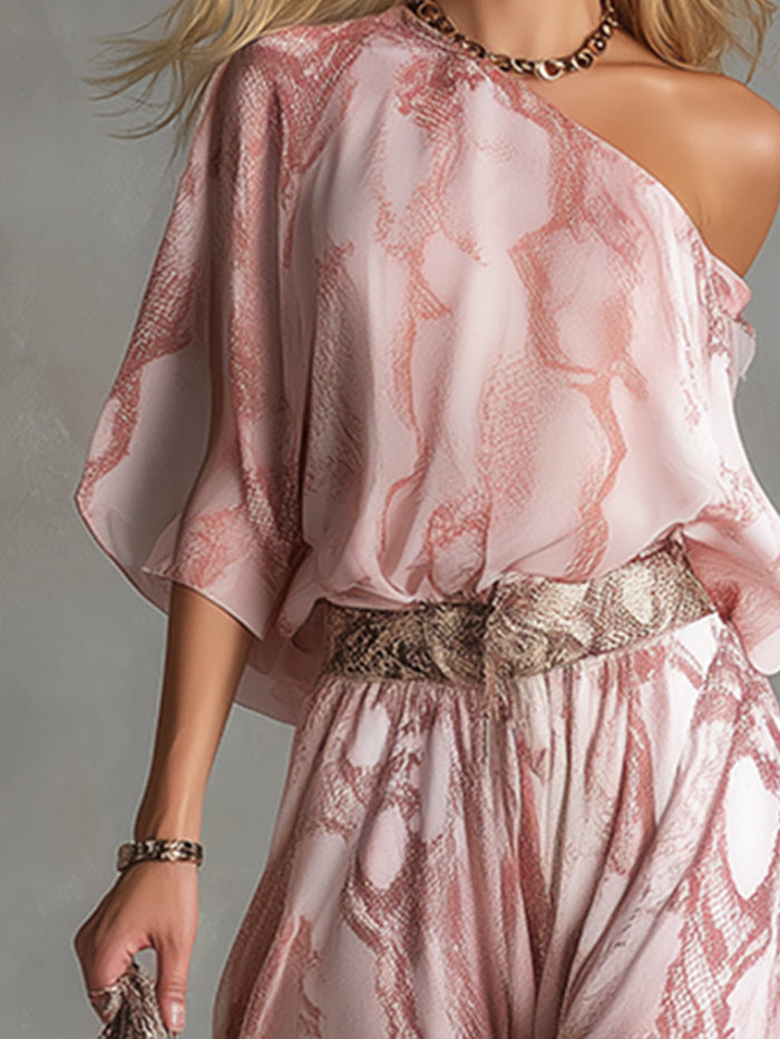 Retro Urban Style Pink Snake Print One-shoulder T-shirt And Wide-leg Pants Set  - By Qivii