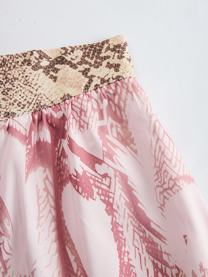 Retro Urban Style Pink Snake Print One-shoulder T-shirt And Wide-leg Pants Set  - By Qivii