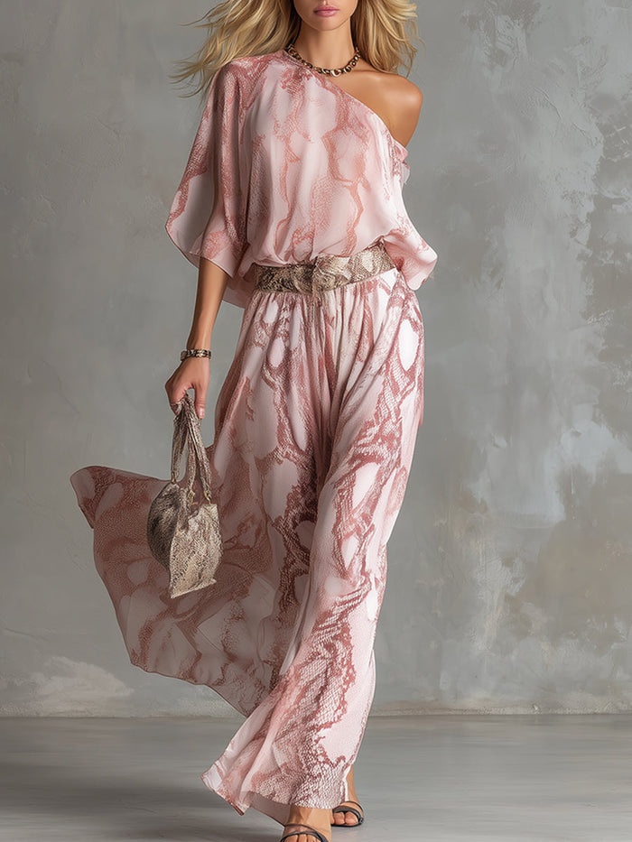 Retro Urban Style Pink Snake Print One-shoulder T-shirt And Wide-leg Pants Set  - By Qivii