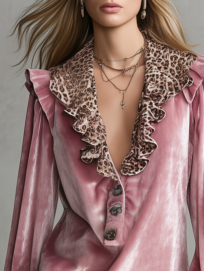 Retro V-neck Leopard Print Ruffled Hem Velvet Shirt  - By Qivii