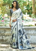 Rice White Floral Printed Silk Saree - qivii