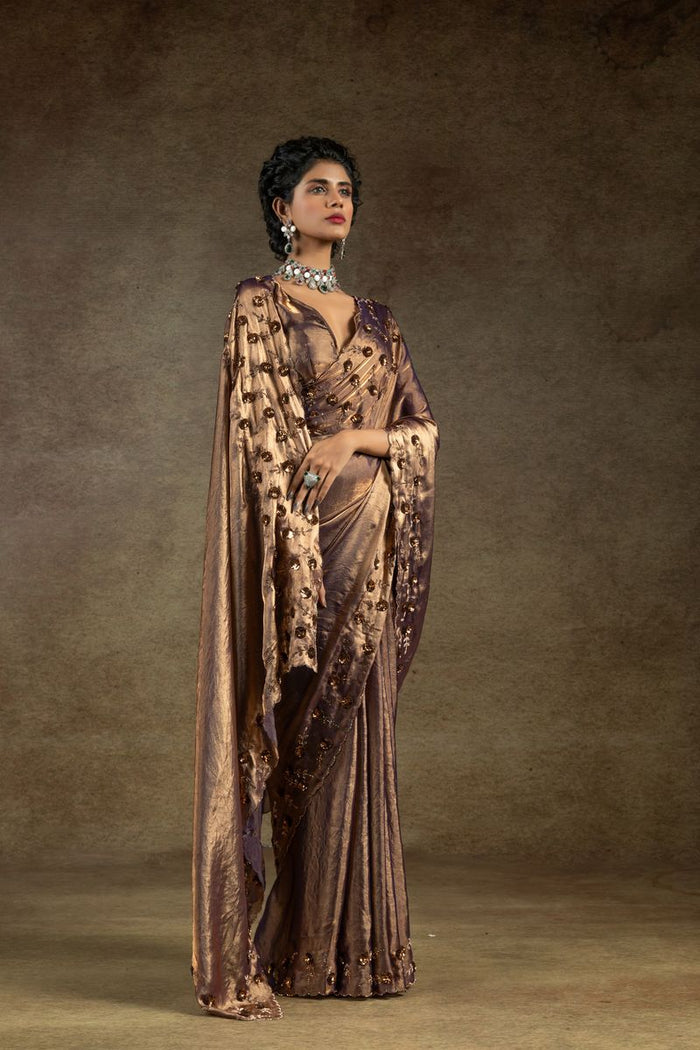 Rich Brown Two Tone Satin Silk With Zarkan & Applique Sequence Cut Work Border Saree - qivii