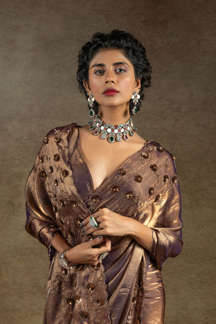 Rich Brown Two Tone Satin Silk With Zarkan & Applique Sequence Cut Work Border Saree - qivii